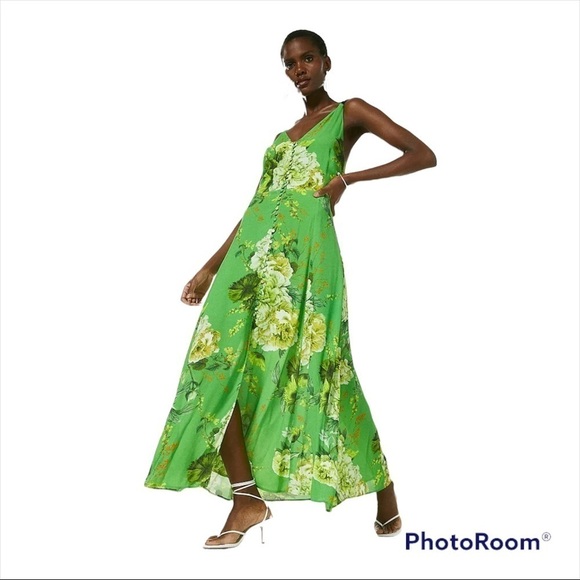 KAREN MILLEN Green Floral Printed Viscose Button Down Strappy Maxi Dress Size 8 - Picture 2 of 11